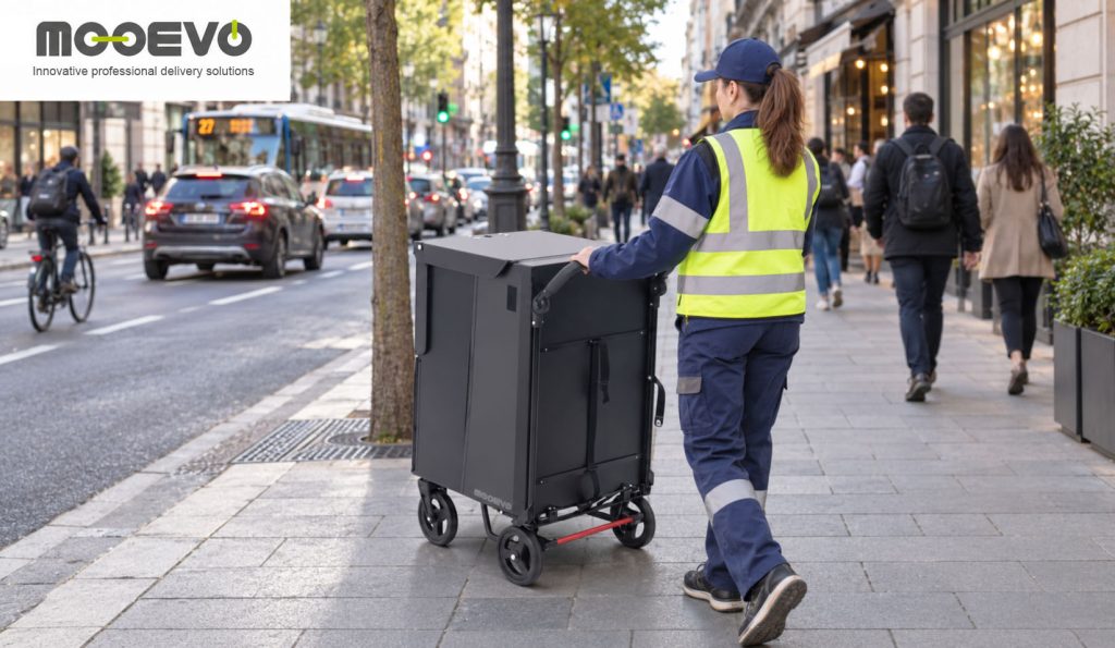woman delivering with push cart in new york for amazon flex