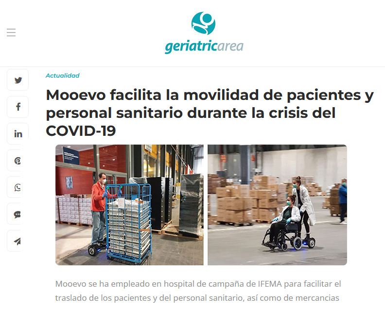 Mooevo facilita la movilidad de pacientes y personal sanitario durante la crisis del COVID-19 . Geriatricarea