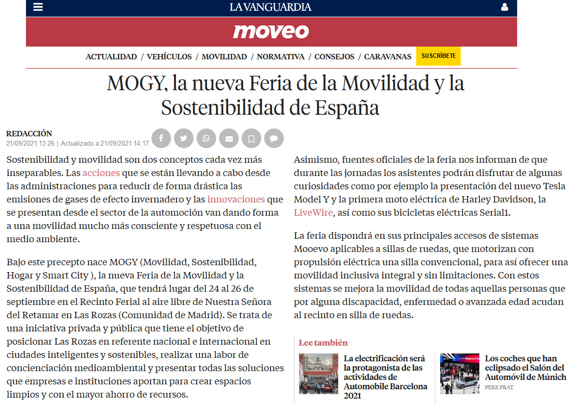MOOEVO en MOGY, la Feria de la Movilidad y Sostenibilidad en España. La Vanguardia.