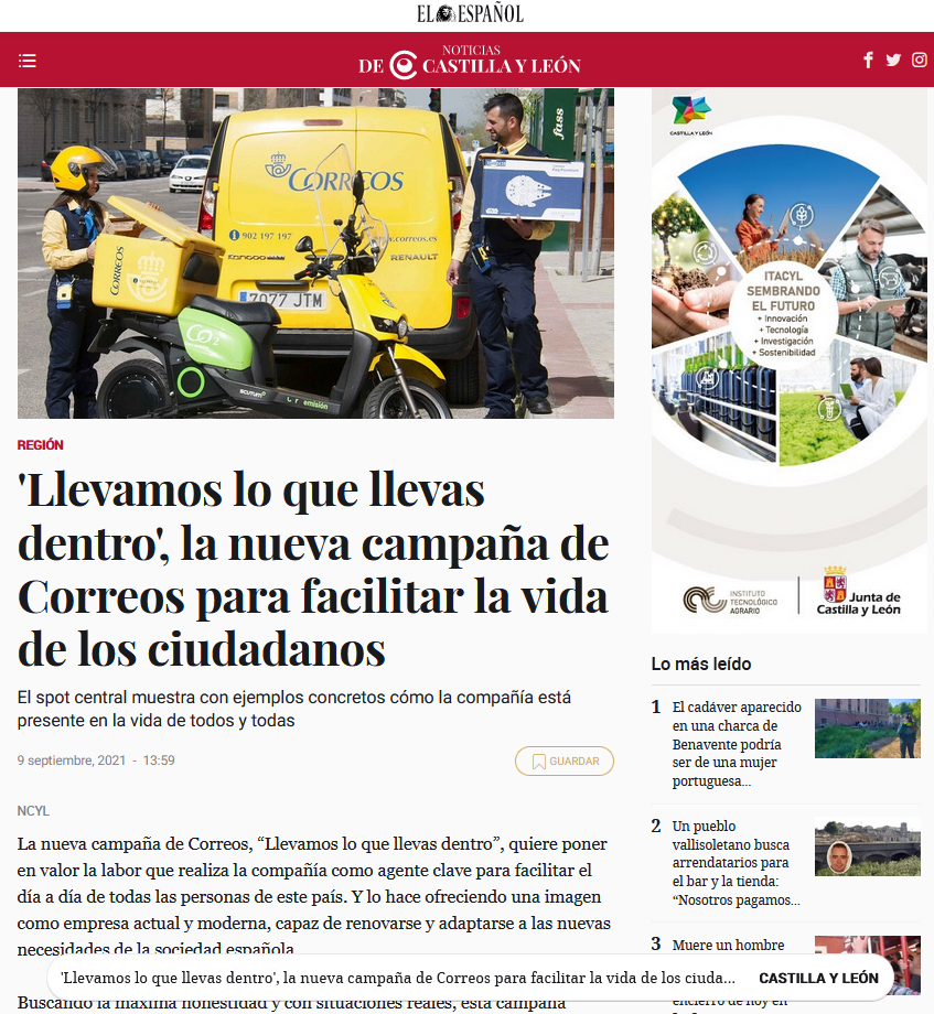 Mooevo en la nueva campaña de Correos «Llevamos lo que llevas dentro». El Español.