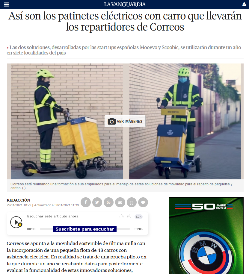 Los patinetes eléctricos con carro que llevarán los repartidores de Correos. La Vanguardia.
