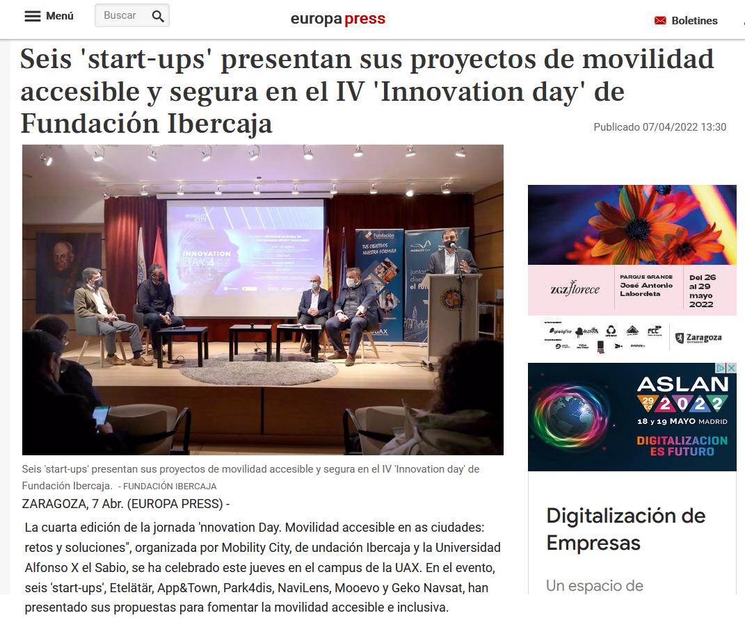 Seis ‘start-ups’ presentan sus proyectos de movilidad accesible y segura en el IV ‘Innovation day’ de Fundación Ibercaja. Europa Press.