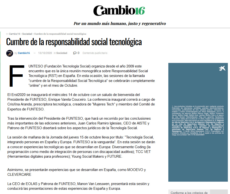 Cumbre de la responsabilidad social tecnologica. Revista Cambio16.