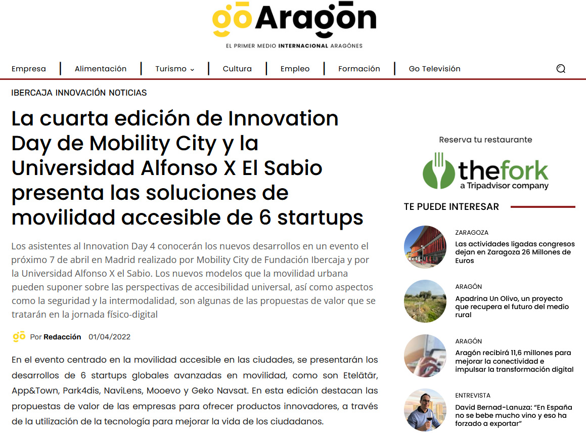 Mobility City y la Universidad Alfonso X El Sabio presenta las soluciones de movilidad accesible de 6 startups. Go Aragon.