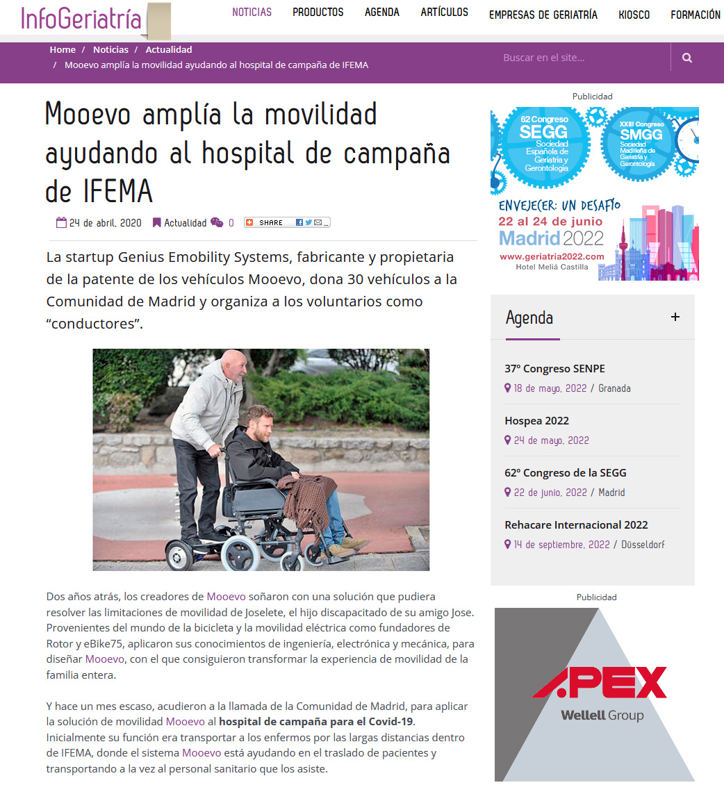 Mooevo amplía la movilidad ayudando al hospital de campaña de IFEMA. InfoGeriatria.